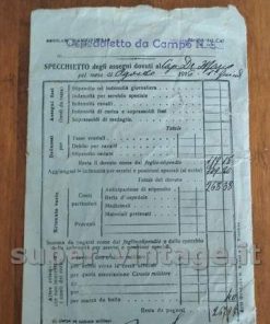 Busta Paga Prima Guerra Mondiale -Specchietto degli assegni Ospedaletto da Campo N.52 anno 1916